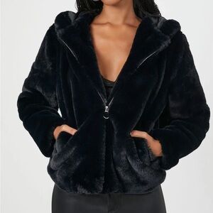 Forever 21 Shiny Black Faux Fur Coat NEW WITH TAGS NEVER WORN